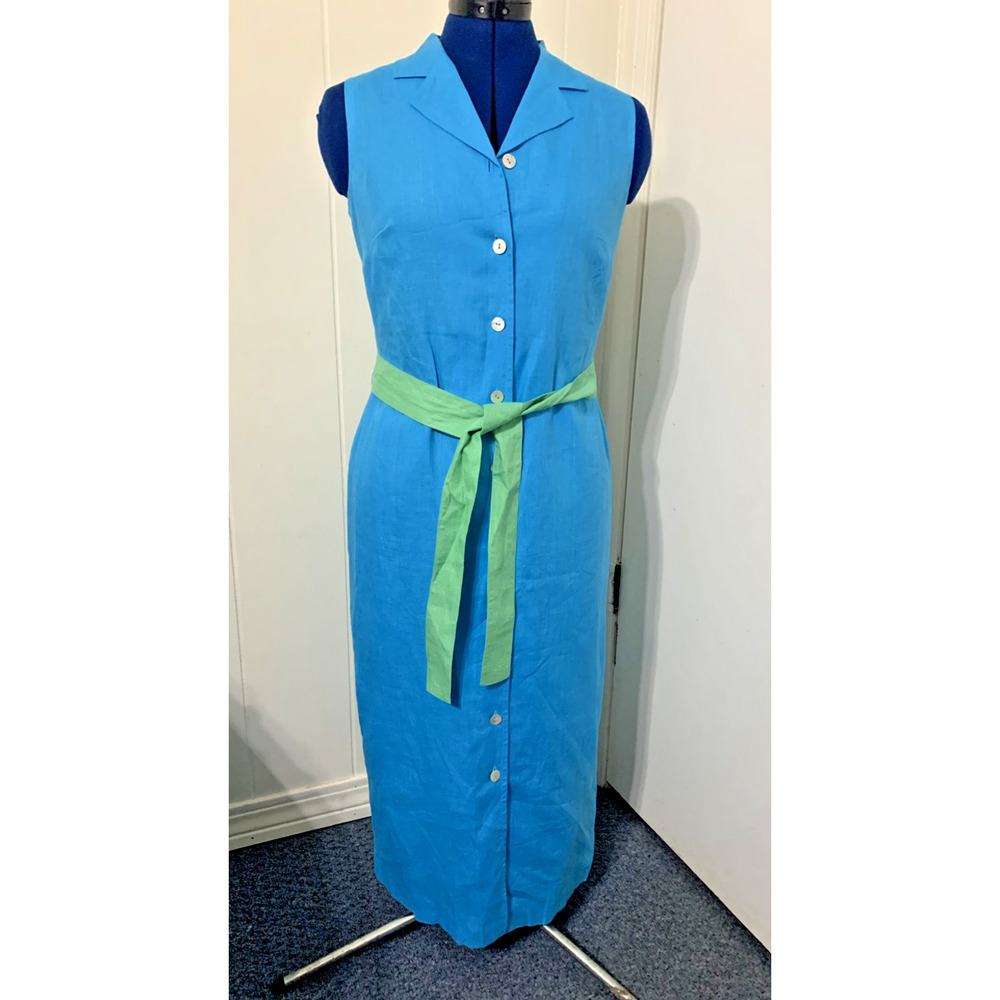Talbots Turquoise Sleeveless Midi Irish Linen Dress size 8 Button Up Collared